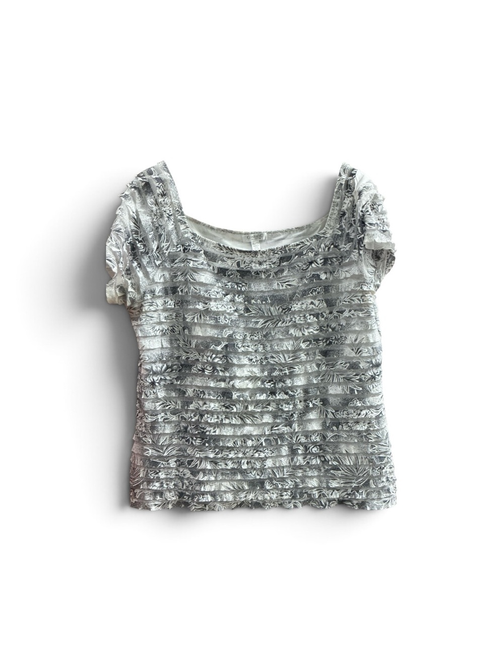 Silver, Black, and White Ruffle Short-Sleeve Women's Top